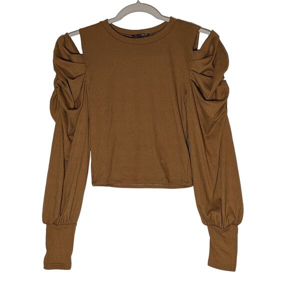 Fashion Nova Cold Shoulder Sweater Medium Brown Long Sleeves Crew Neck Winter - Picture 8 of 9